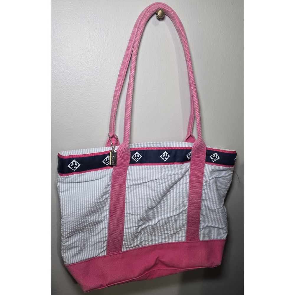 Eliza B Pink Blue Seersucker Stripe Tote Bag Preppy Y2K Coastal Shoulder Bag